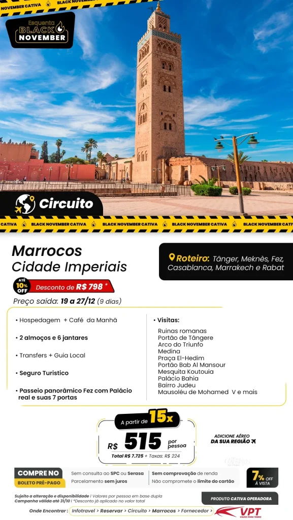 🇲🇦 Circuito Marrocos Cidades Imperiais com desconto de até R$ 798 já aplicado!