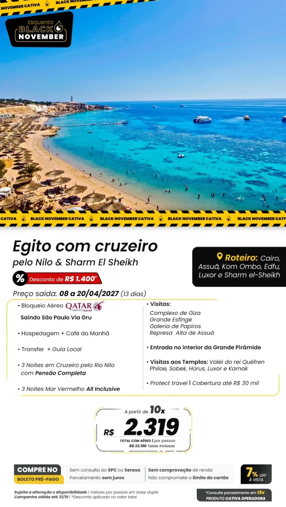 Egito com Cruzeiro pelo Nilo & Sharm El Sheikh com desconto de até R$ 1.400 🔥
